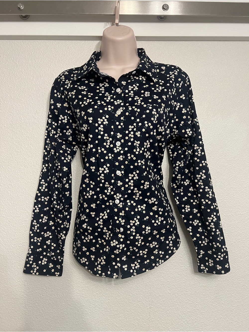 L.L. Bean Navy Floral Button-Down Blouse